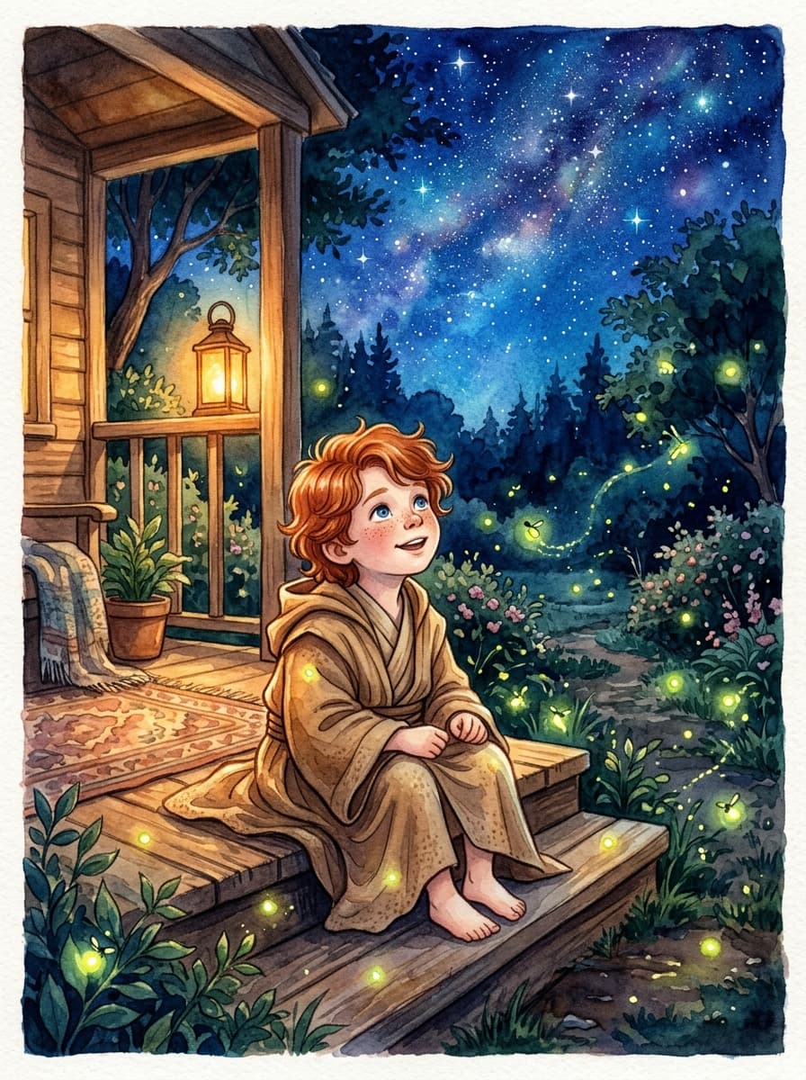 A boy discovers fireflies under a starlit sky