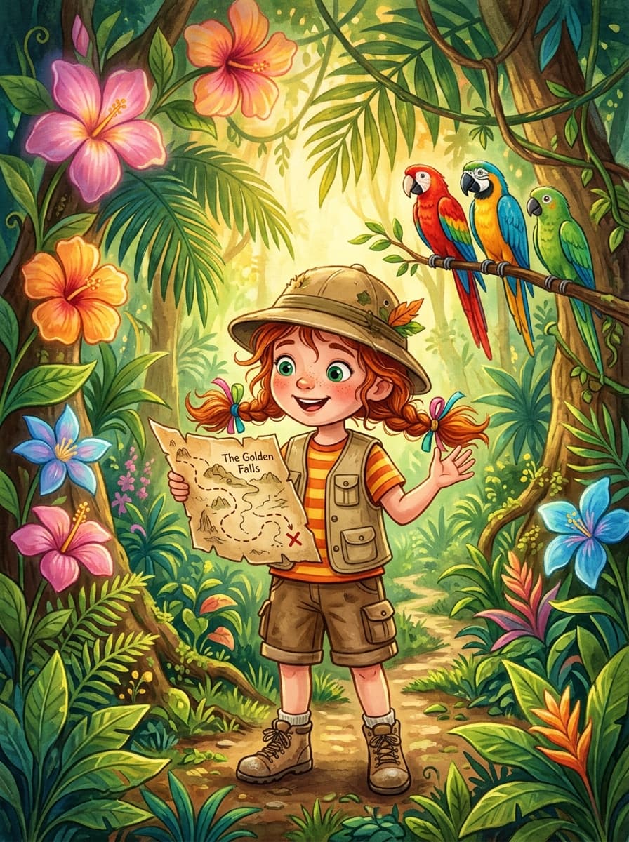 A girl with red pigtails explores a magical jungle